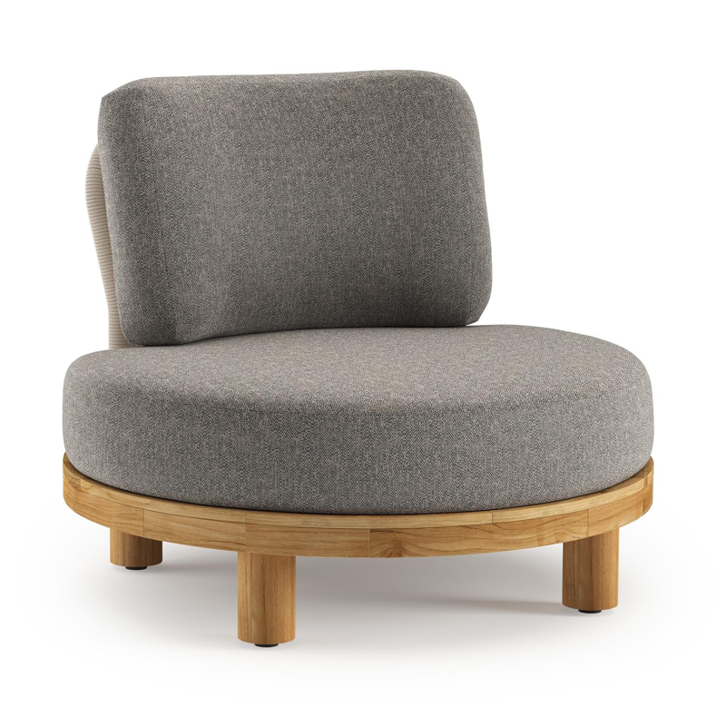 Donato loungestoel in teak en beige verticaal geweven ronde rope met all weather sunbrella® luxe Chartres Drizzle kussen