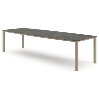 Table de jardin Orso forme de bateau en aluminium beige et céramique pleine Black Obsession - Lg. 315 x Lrg. 115 x Haut. 74.5 cm