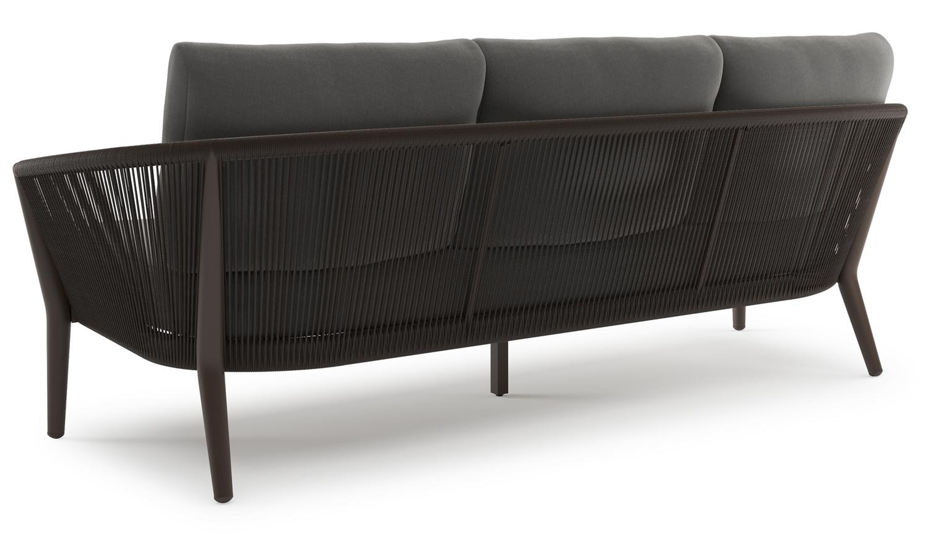 Canapé de jardin Orso en aluminium brun foncé en corde ronde tissée verticalement brun foncé et coussins en all weather sunbrella® luxe Natte Charcoal Chine