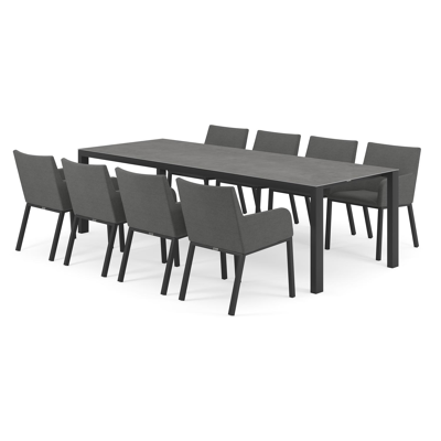 Trente tuinset in zwart aluminium en grijs volkeramiek tafelblad met 8 Rivo tuinstoelen