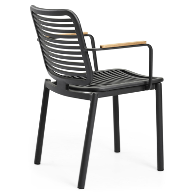 Fano stapelbare tuinstoel in zwart aluminium en teak armleuning