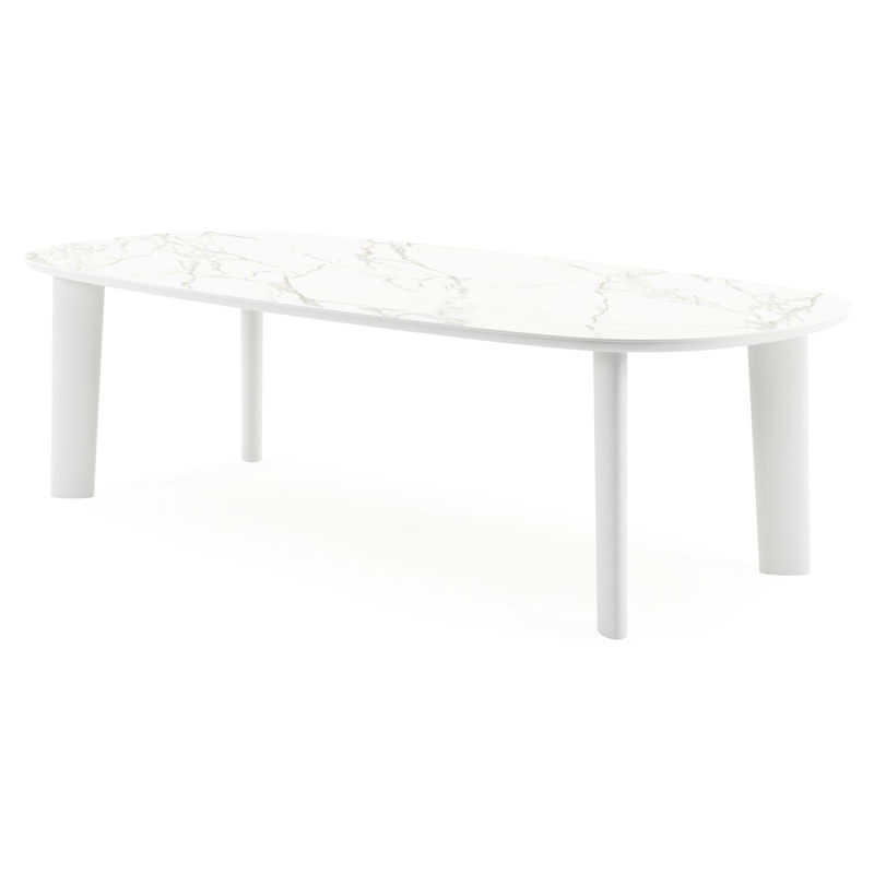 Table de jardin Amico bombo en aluminium blanc et céramique pleine Calacatta - Lg. 270 x Lrg. 125 x Haut. 74 cm