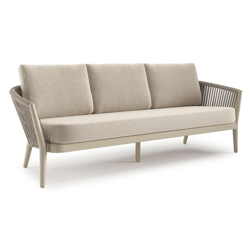 Orso loungebank in beige aluminium en beige verticaal geweven luxe vlakke rope met Marbella Ecru all weather cosytica kussen