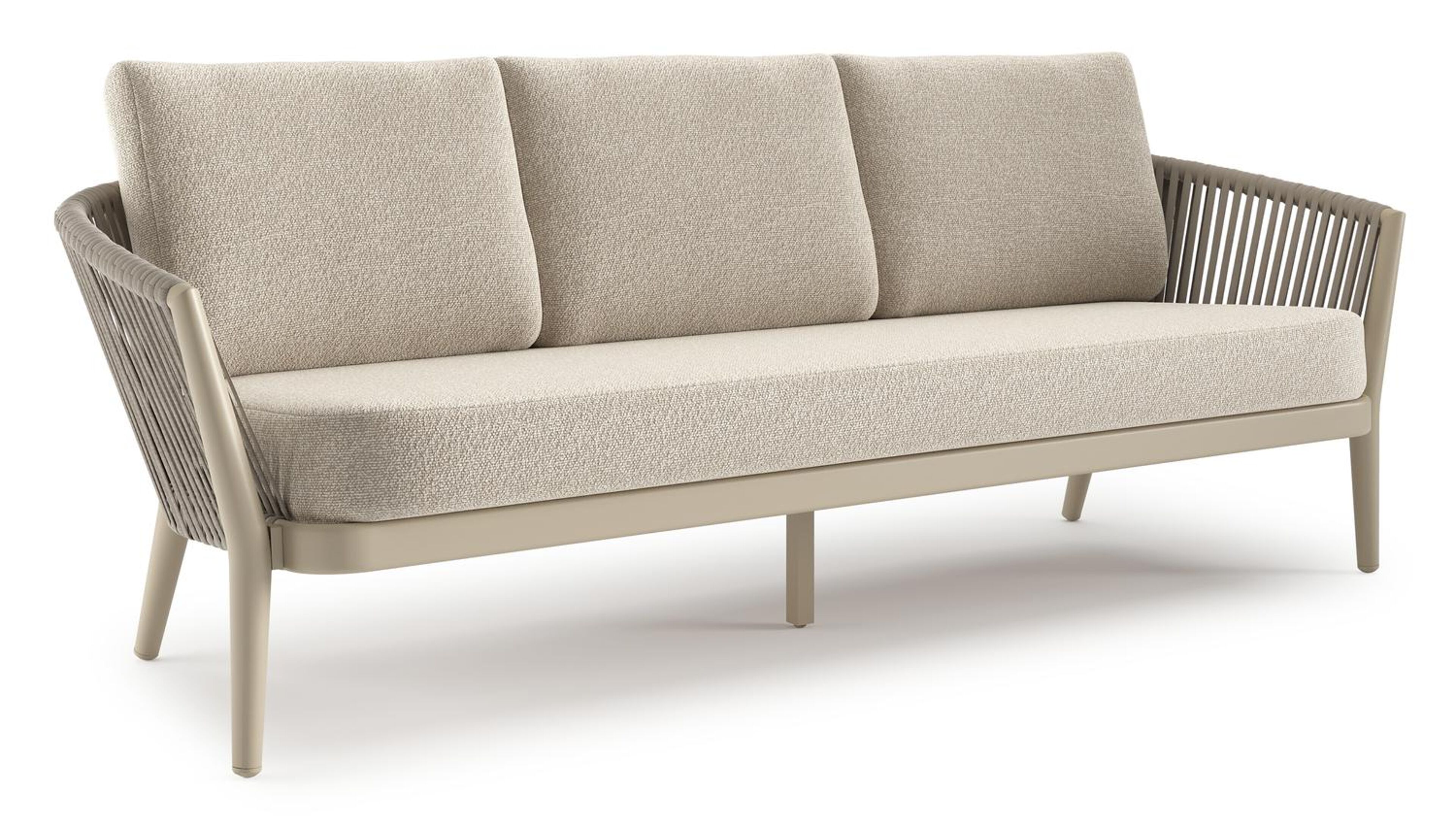 Orso loungebank in beige aluminium en beige verticaal geweven luxe vlakke rope met Marbella Ecru all weather cosytica kussen