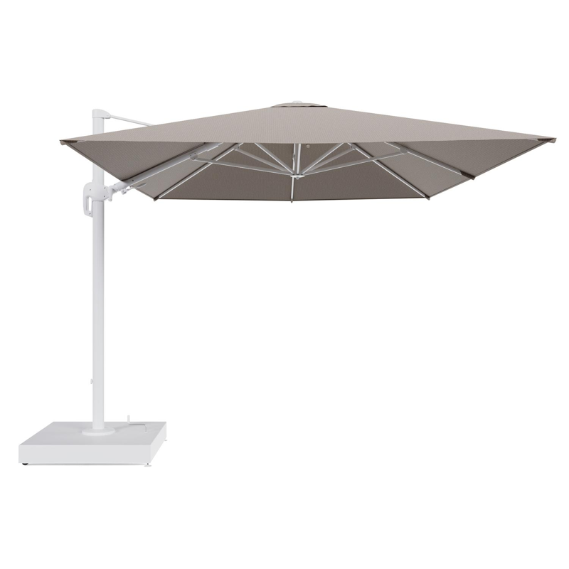 Rufina zweefparasol met tiltfunctie in wit aluminium en Firenze Earth All Weather Solica parasoldoek - L1 400 x L2 300 cm met parasolvoet Minore 260 kg met wielen