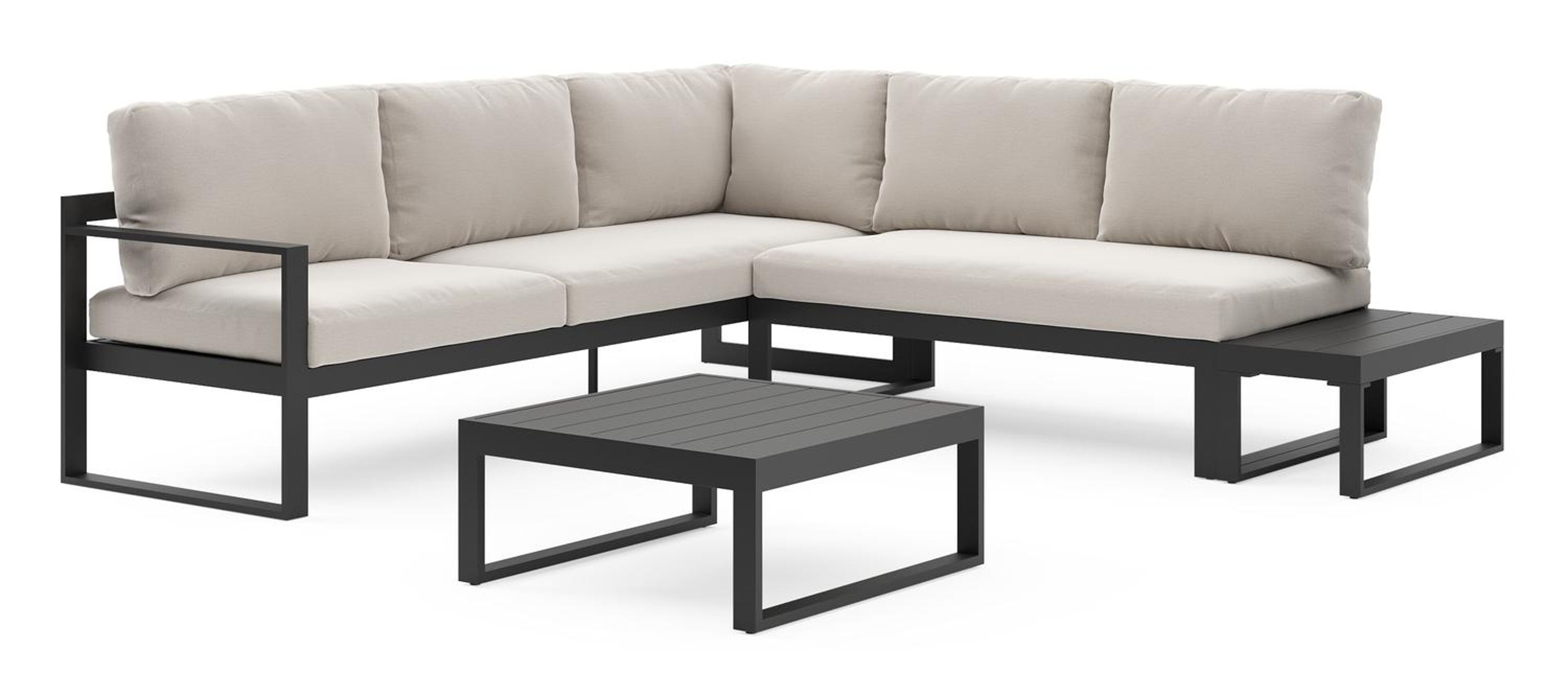 Caldela loungehoek in zwart aluminium met beige weather+ softtouch kussens en loungetafel
