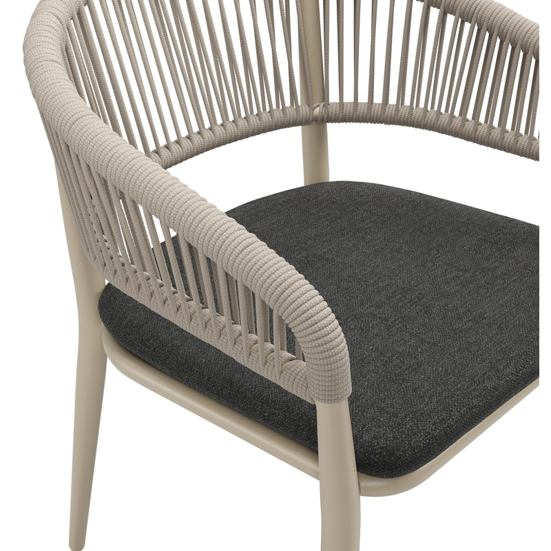 Tolfa stapelbare tuinstoel in beige aluminium en beige verticaal geweven ronde rope met stoelkussen in All Weather Sunbrella® Luxe Chartres Sooty