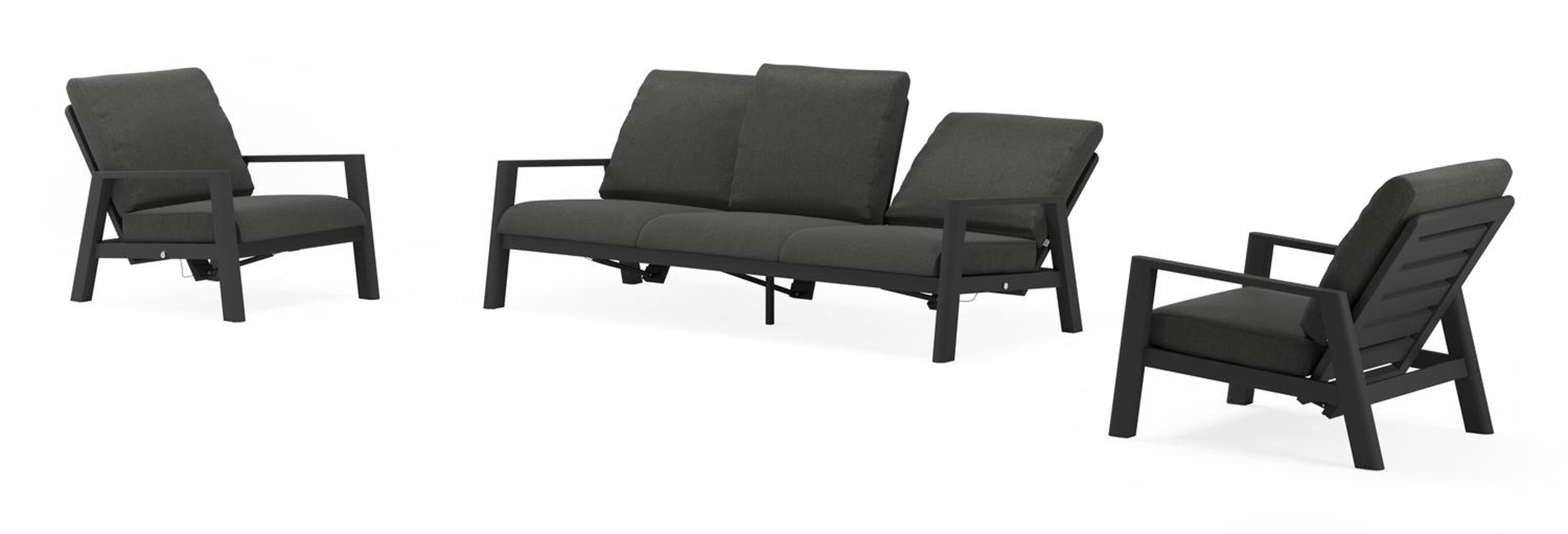 Cirello loungeset in zwart aluminium met chartres sooty all weather sunbrella® luxe kussens