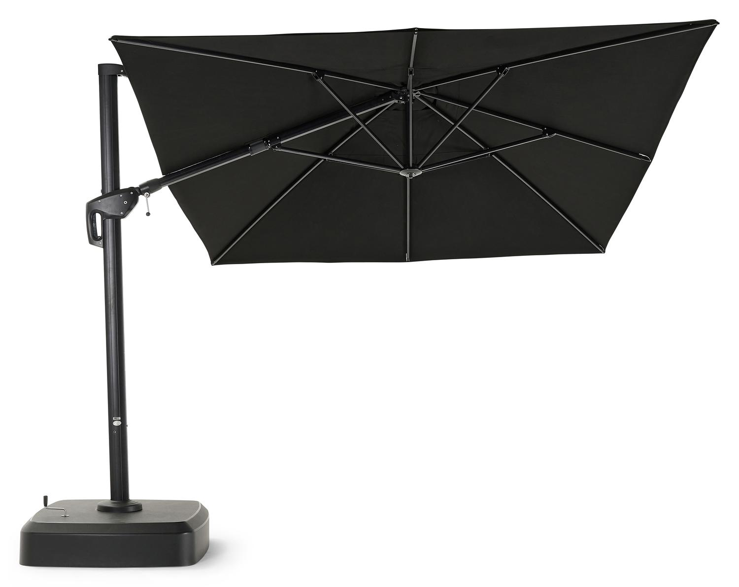 Minore zweefparasol met tiltfunctie in zwart aluminium met grijs sunbrella® premium parasoldoek - L1 300 x L2 400 cm (met voet)