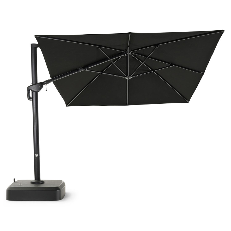 Minore zweefparasol met tiltfunctie in zwart aluminium met grijs sunbrella® premium parasoldoek - L1 300 x L2 400 cm (met voet)