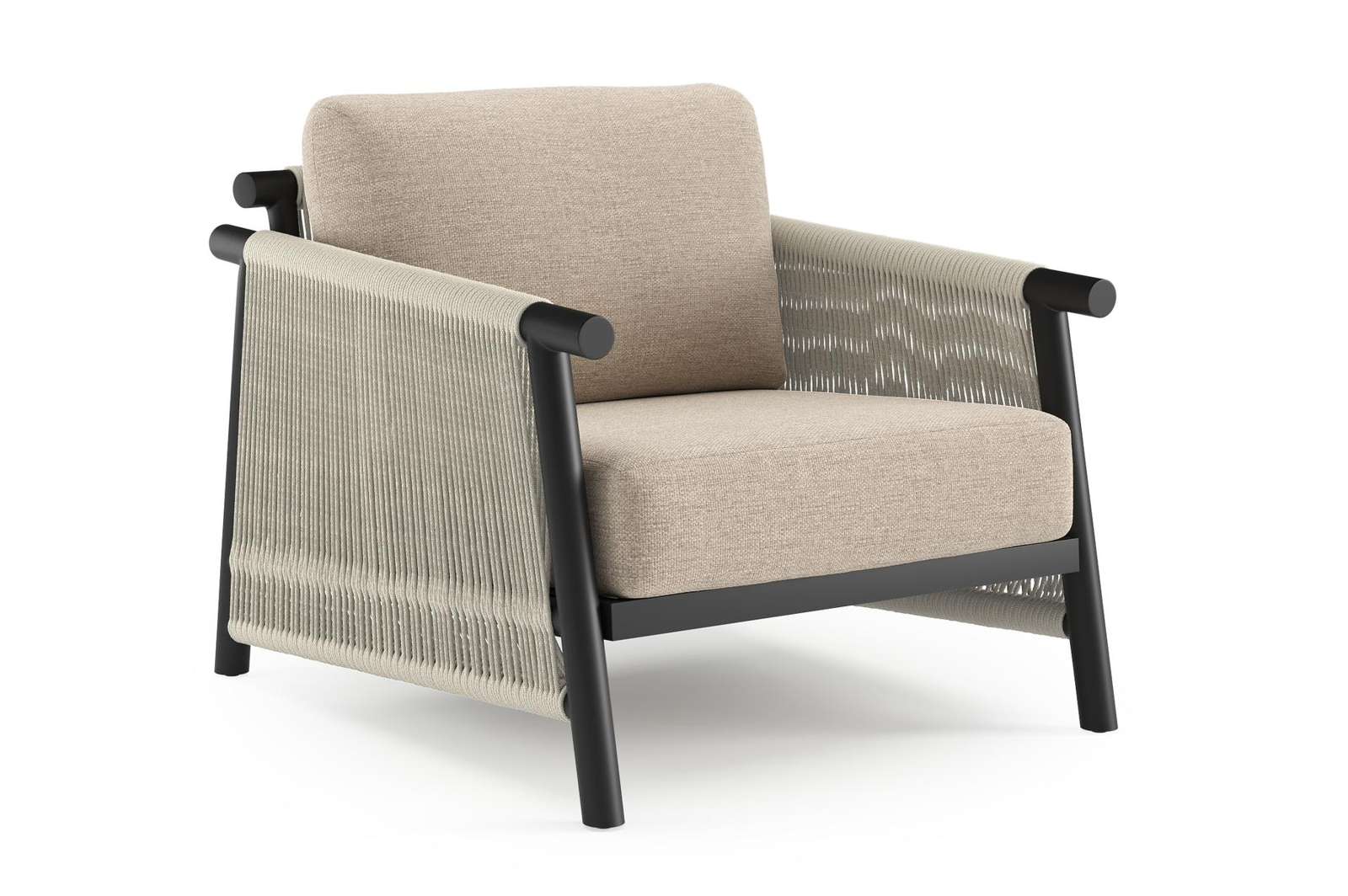 Erla loungestoel in zwart aluminium en beige verticaal geweven ronde rope met rustic weather+ softtouch kussen
