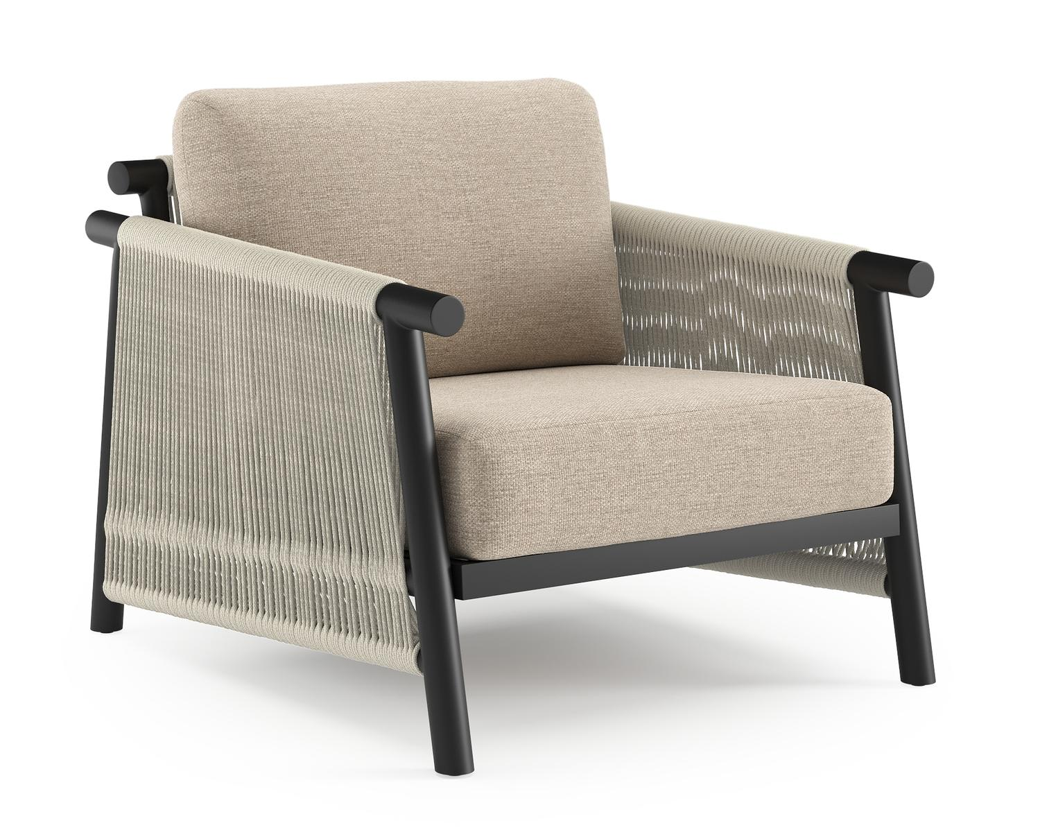 Erla loungestoel in zwart aluminium en beige verticaal geweven ronde rope met rustic weather+ softtouch kussen
