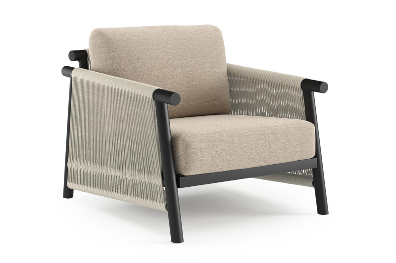 Erla loungestoel in zwart aluminium en beige verticaal geweven ronde rope met rustic weather+ softtouch kussen