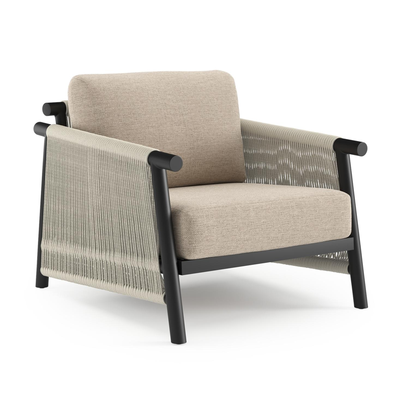 Erla loungestoel in zwart aluminium en beige verticaal geweven ronde rope met rustic weather+ softtouch kussen