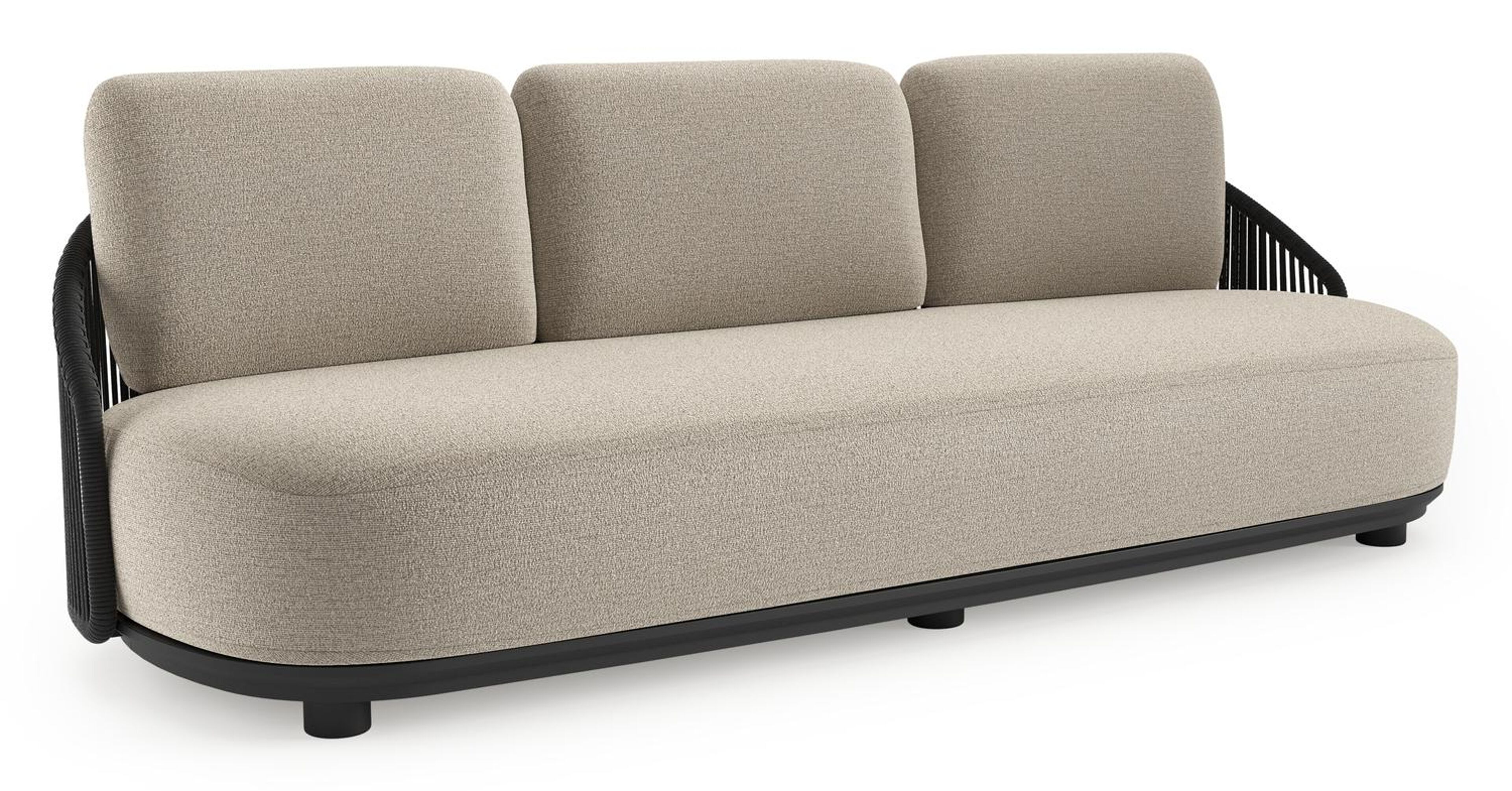 Canapé de jardin Vadelo en aluminium noir et corde ronde tissée verticalement noir et coussins en all weather cosytica catania sand