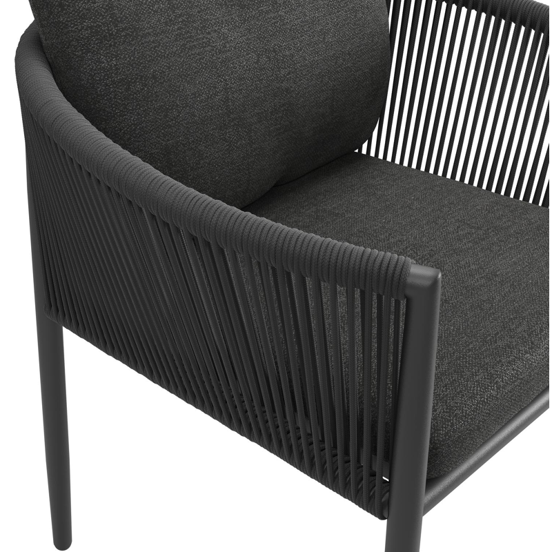 Organo tuinstoel in beige aluminium en beige verticaal geweven ronde rope met stoelkussen in All Weather Sunbrella® Luxe Chartres Sooty