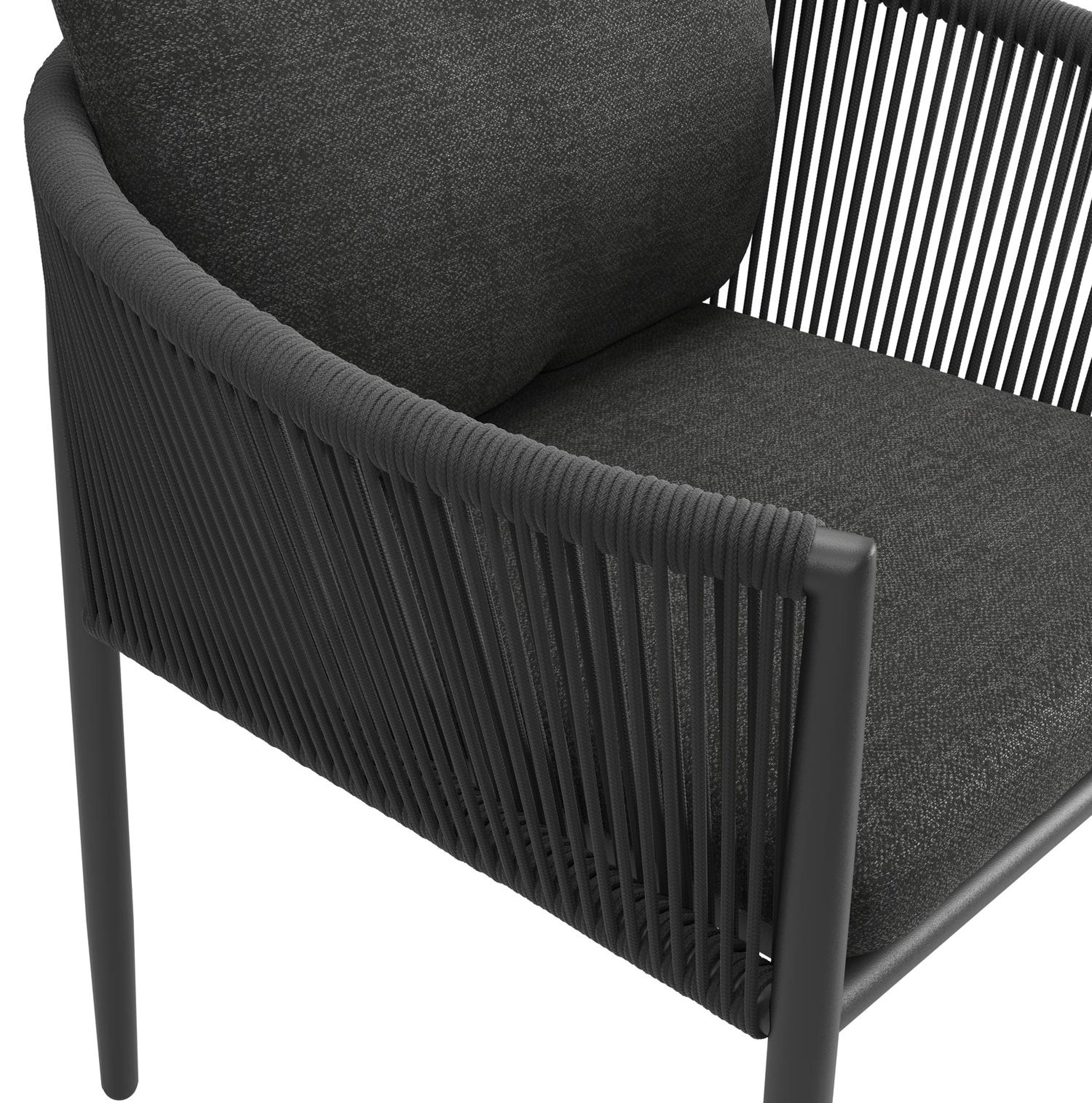 Chaise de jardin Organo en aluminium beige et corde ronde tissée verticalement beige avec coussin en All Weather Sunbrella® Luxe Chartres Sooty