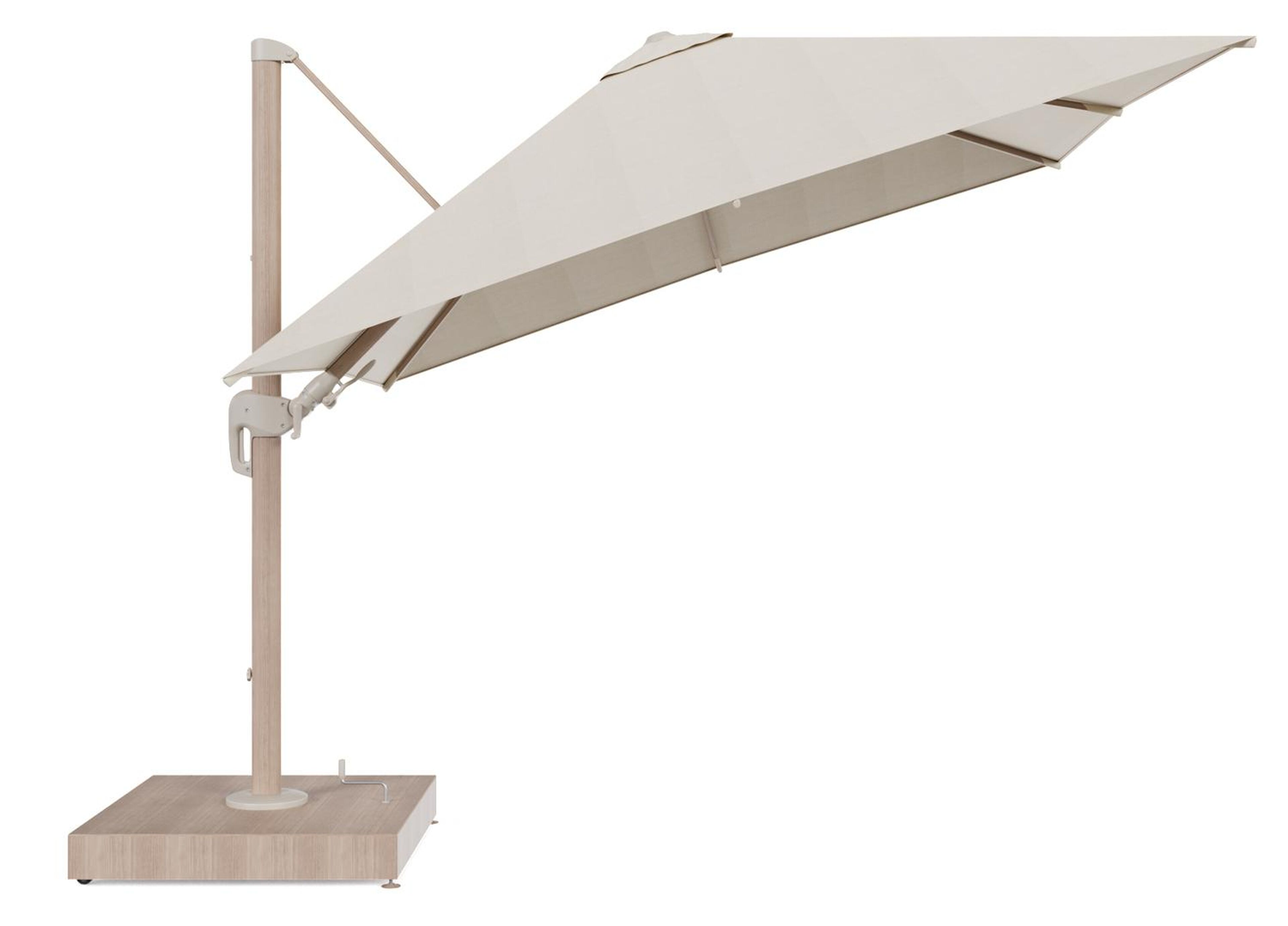 Rufina zweefparasol met tiltfunctie in houtlook aluminium en beige All Weather Sunbrella® Premium parasoldoek - L1 300 x L2 300 cm met parasolvoet Minore 260 kg met wielen