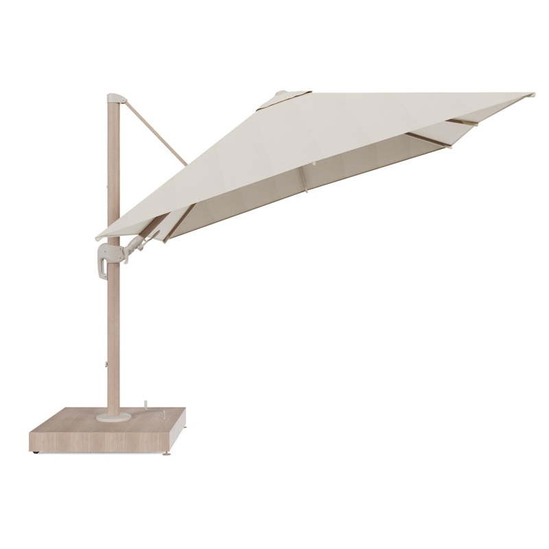 Rufina zweefparasol met tiltfunctie in houtlook aluminium en beige All Weather Sunbrella® Premium parasoldoek - L1 300 x L2 300 cm met parasolvoet Minore 260 kg met wielen