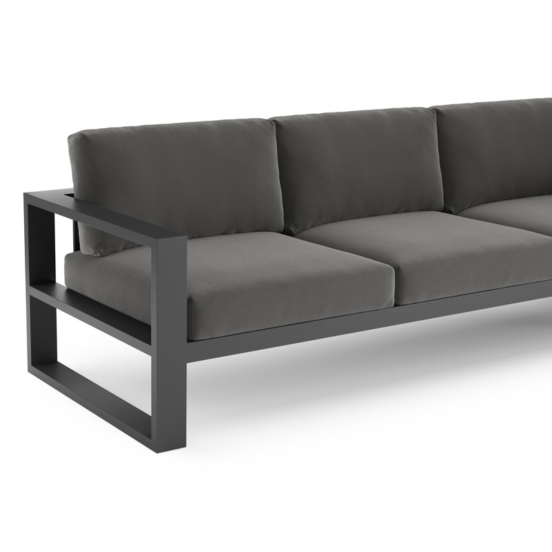 Verato loungehoek in zwart aluminium met natte charcoal chine all weather sunbrella® luxe kussen