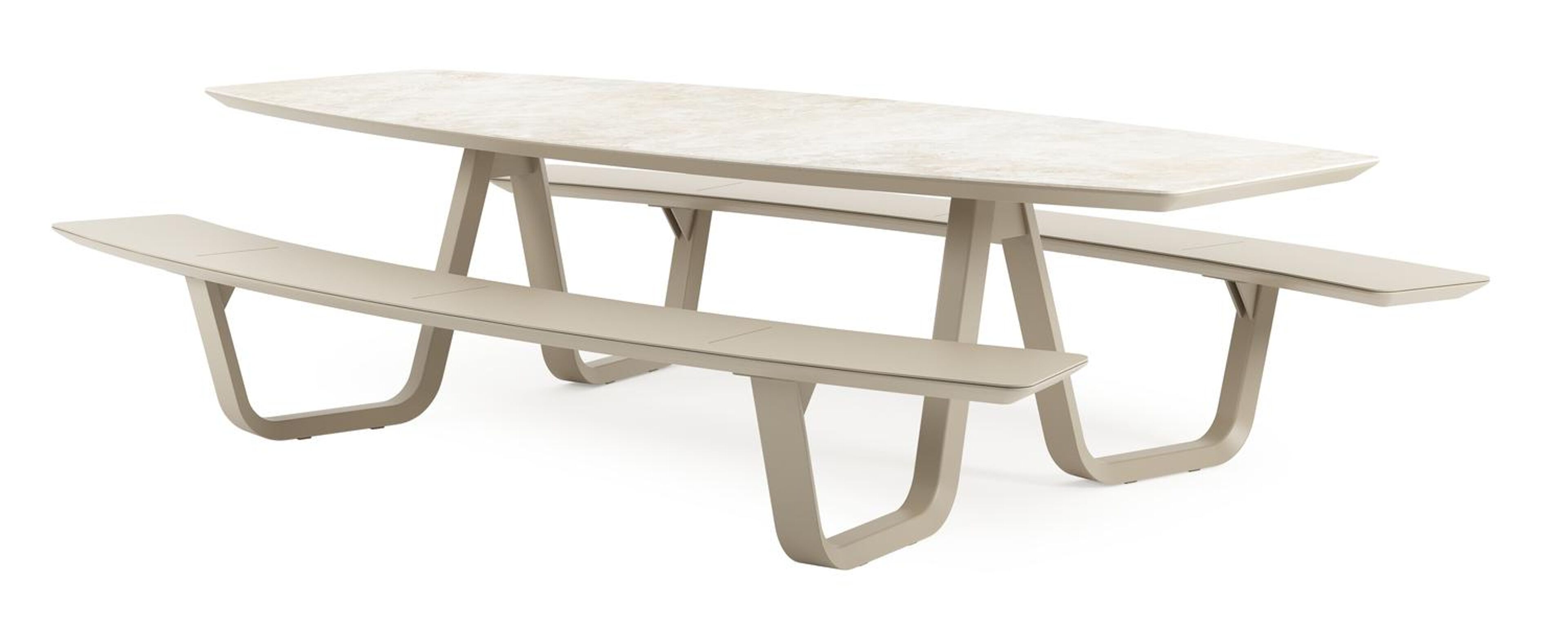 Table de pique-nique Forno forme de bateau en aluminium beige et céramique pleine Rapolano - Lg. 280 x Lrg. 192 x Haut. 72 cm