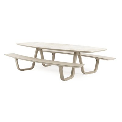 Table de pique-nique Forno forme de bateau en aluminium beige et céramique pleine Rapolano - Lg. 280 x Lrg. 112 cm