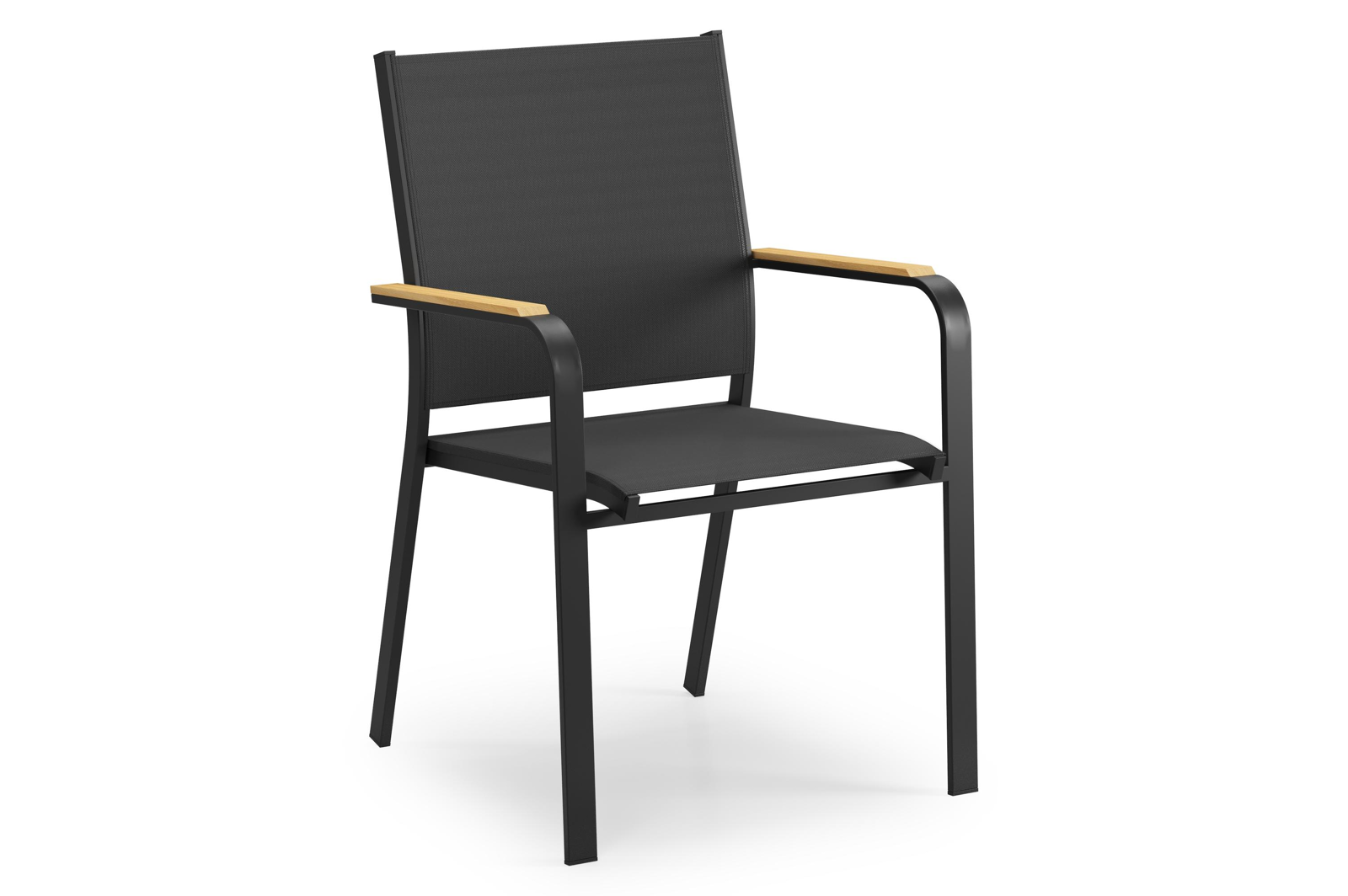 Chaise de jardin empilable Amalfi in aluminium noir et textilène noir et accoudoir en teck armleuning