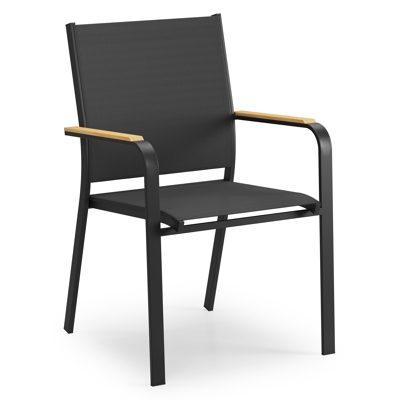Amalfi stapelbare tuinstoel in zwart aluminium en zwart textilene en teak armleuning