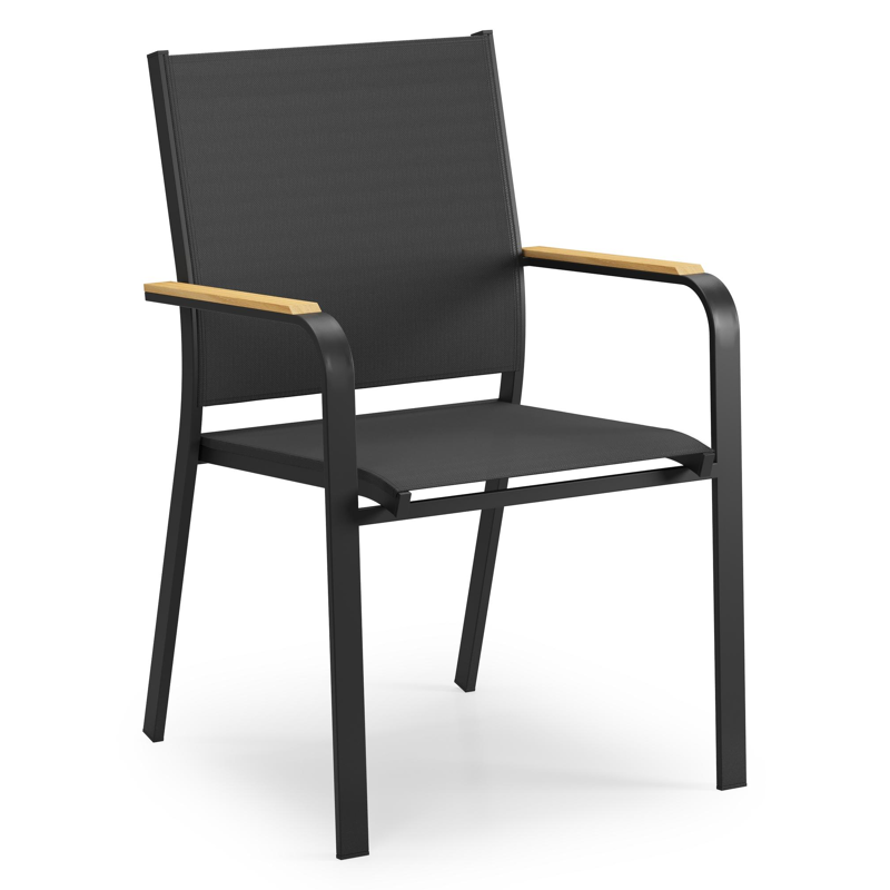 Amalfi stapelbare tuinstoel in zwart aluminium en zwart textilene en teak armleuning