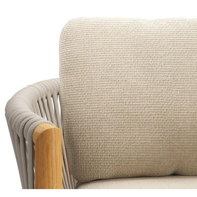 Organo tuinstoel in beige teak en beige verticaal geweven luxe vlakke rope met kussen in All Weather Cosytica Althea Chalk