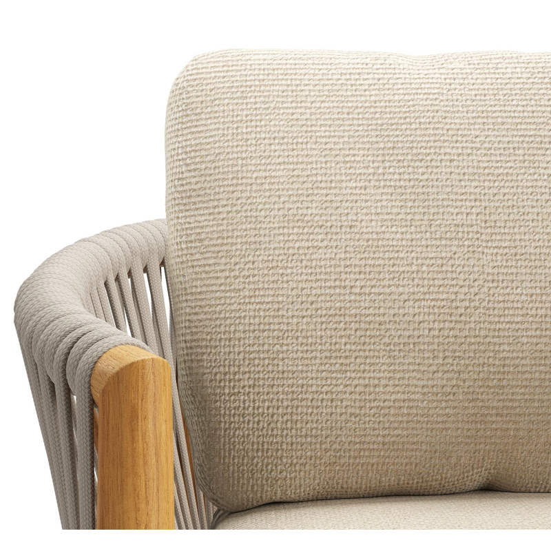 Organo tuinstoel in beige teak en beige verticaal geweven luxe vlakke rope met kussen in All Weather Cosytica Althea Chalk