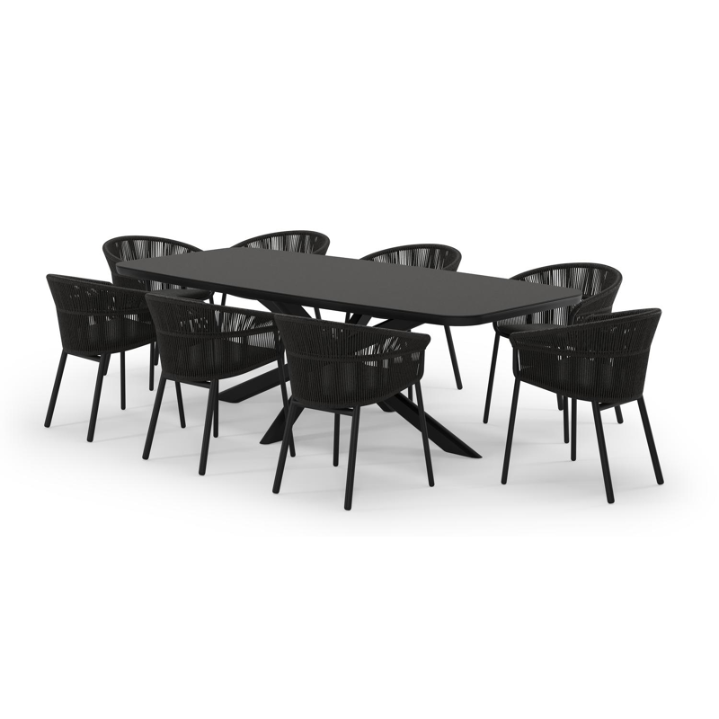 Pamplona bootvormige tuinset in zwart aluminium en sintered stone notte minerale met 8 Matera tuinstoelen