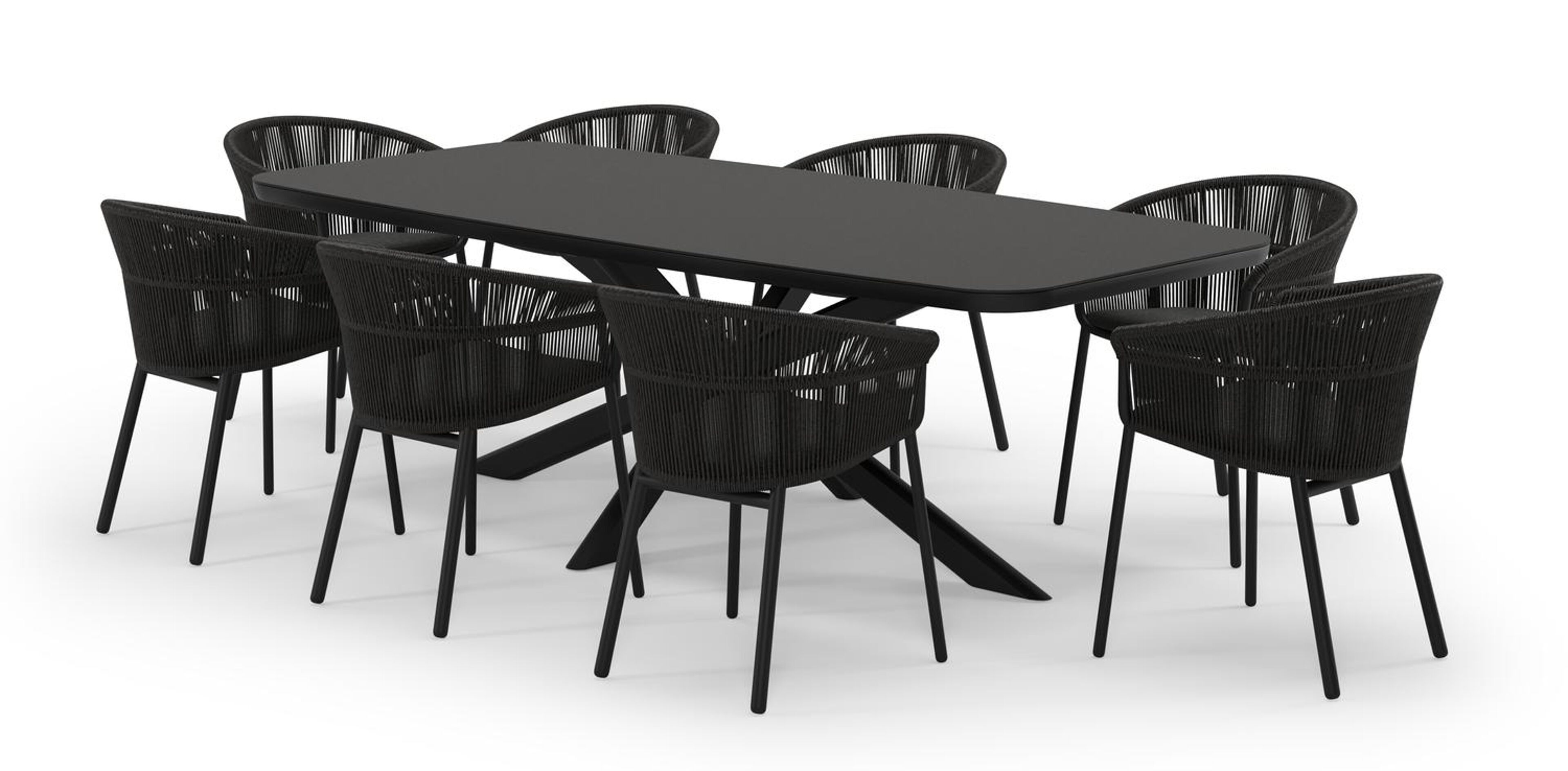 Pamplona bootvormige tuinset in zwart aluminium en sintered stone notte minerale met 8 Matera tuinstoelen