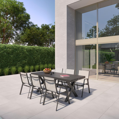 Ensemble de jardin Bahia en aluminium noir avec 6 chaises de jardin empilables Oviedo