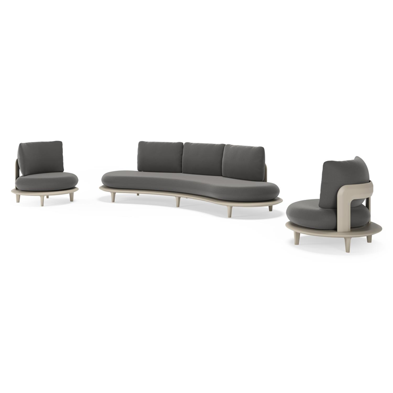 Bomero loungeset in beige aluminium met natte charcoal chine all weather sunbrella® luxe kussen