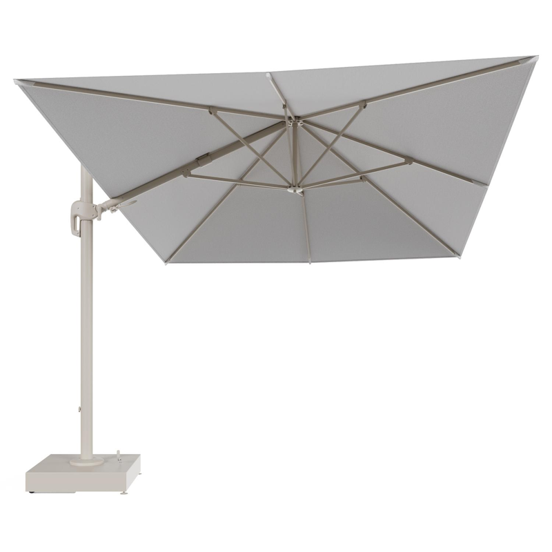 Rufina zweefparasol met tiltfunctie in beige aluminium en Ego Birch All Weather Solica parasoldoek - L1 400 x L2 300 cm met parasolvoet Minore 150 kg met wielen