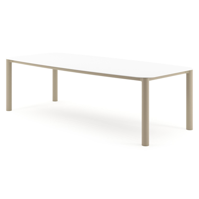 Table de jardin Orso forme de bateau en aluminium beige et céramique pleine Arctic White - Lg. 255 x Lrg. 115 x Haut. 74.5 cm