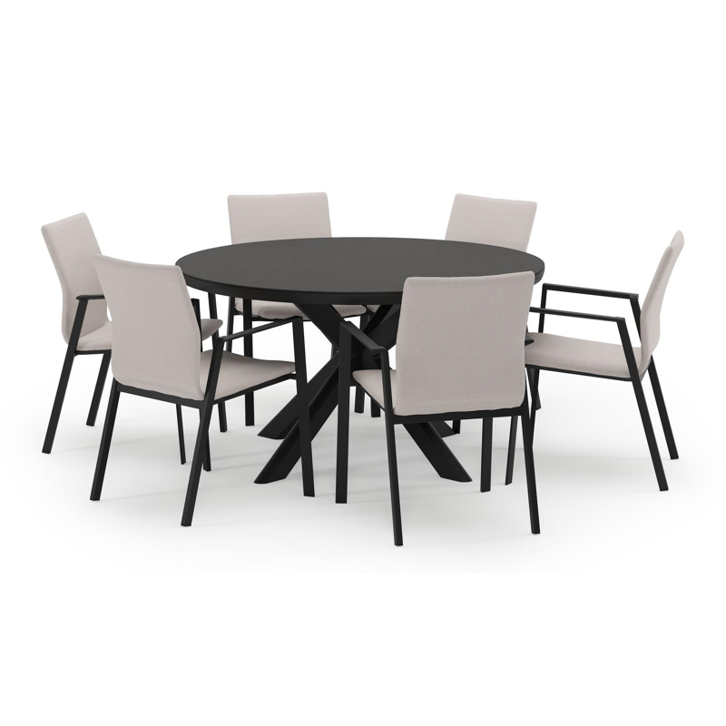 Pamplona ronde tuinset in zwart aluminium en sintered stone notte minerale met 6 Madura tuinstoelen