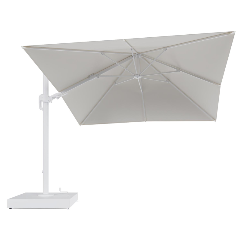 Rufina zweefparasol met tiltfunctie in wit aluminium en Natte White All Weather Sunbrella® Luxe parasoldoek - L1 300 x L2 300 cm met parasolvoet Minore 260 kg met wielen