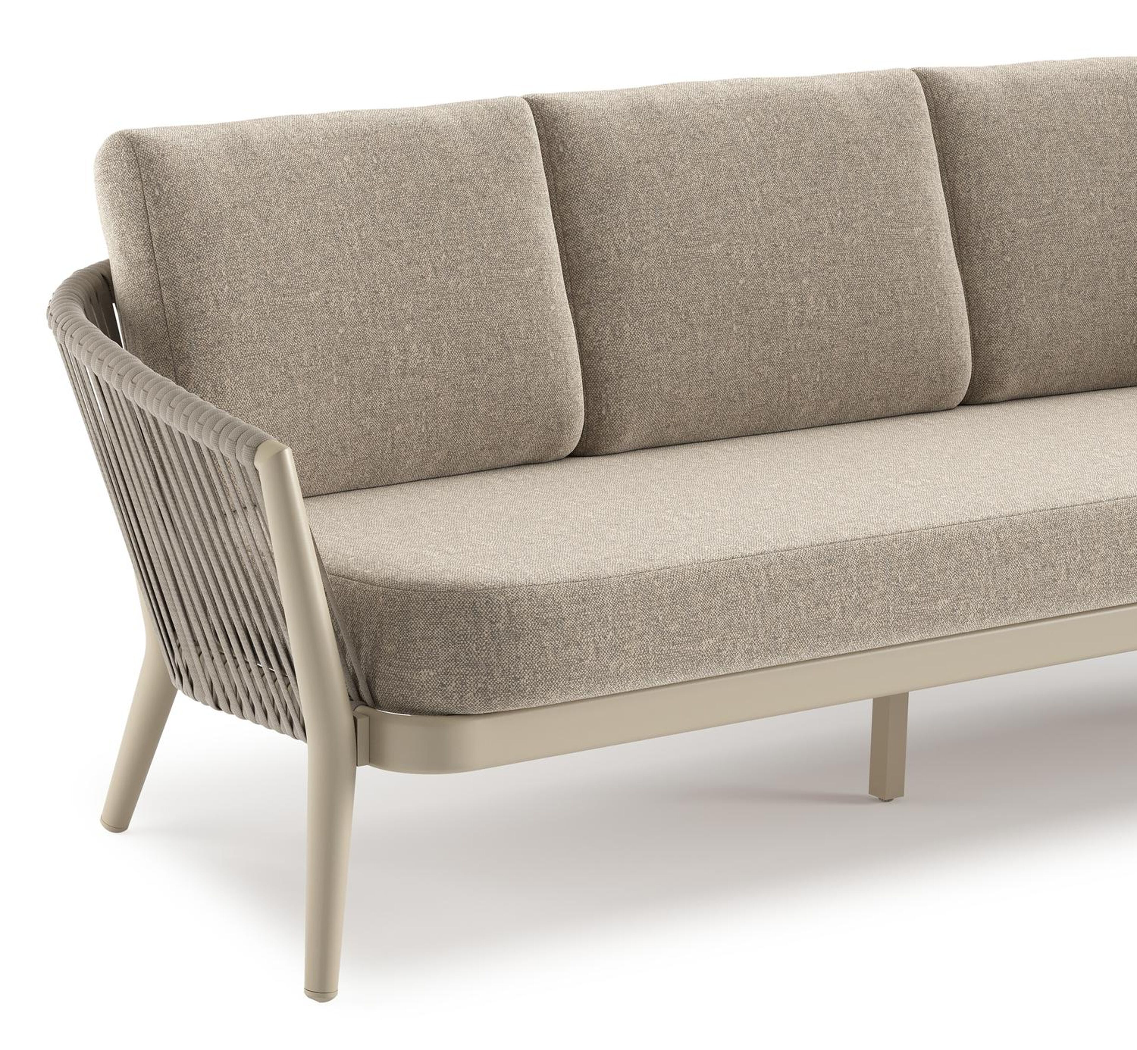 Orso loungebank in beige aluminium en beige verticaal geweven luxe vlakke rope met Chartres Pewter all weather sunbrella® luxe kussen