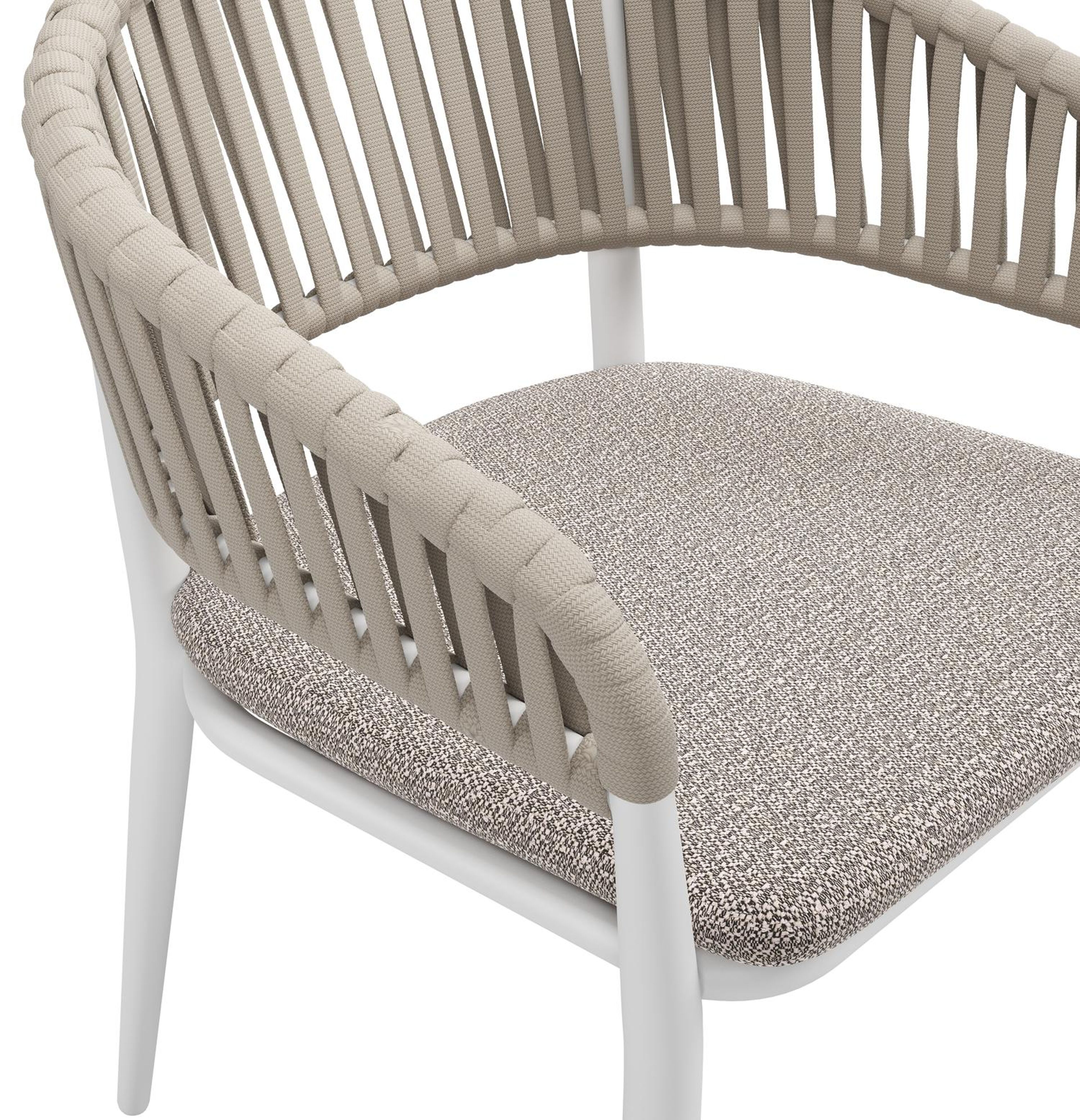 Tolfa stapelbare tuinstoel in wit aluminium en beige verticaal geweven luxe vlakke brede rope met stoelkussen in All Weather Sunbrella® Luxe Wander Granite