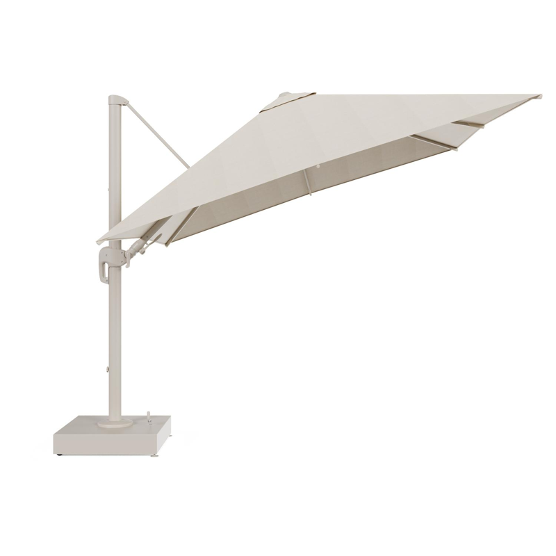 Rufina zweefparasol met tiltfunctie in beige aluminium en beige All Weather Sunbrella® Premium parasoldoek - L1 300 x L2 300 cm met parasolvoet Minore 150 kg met wielen
