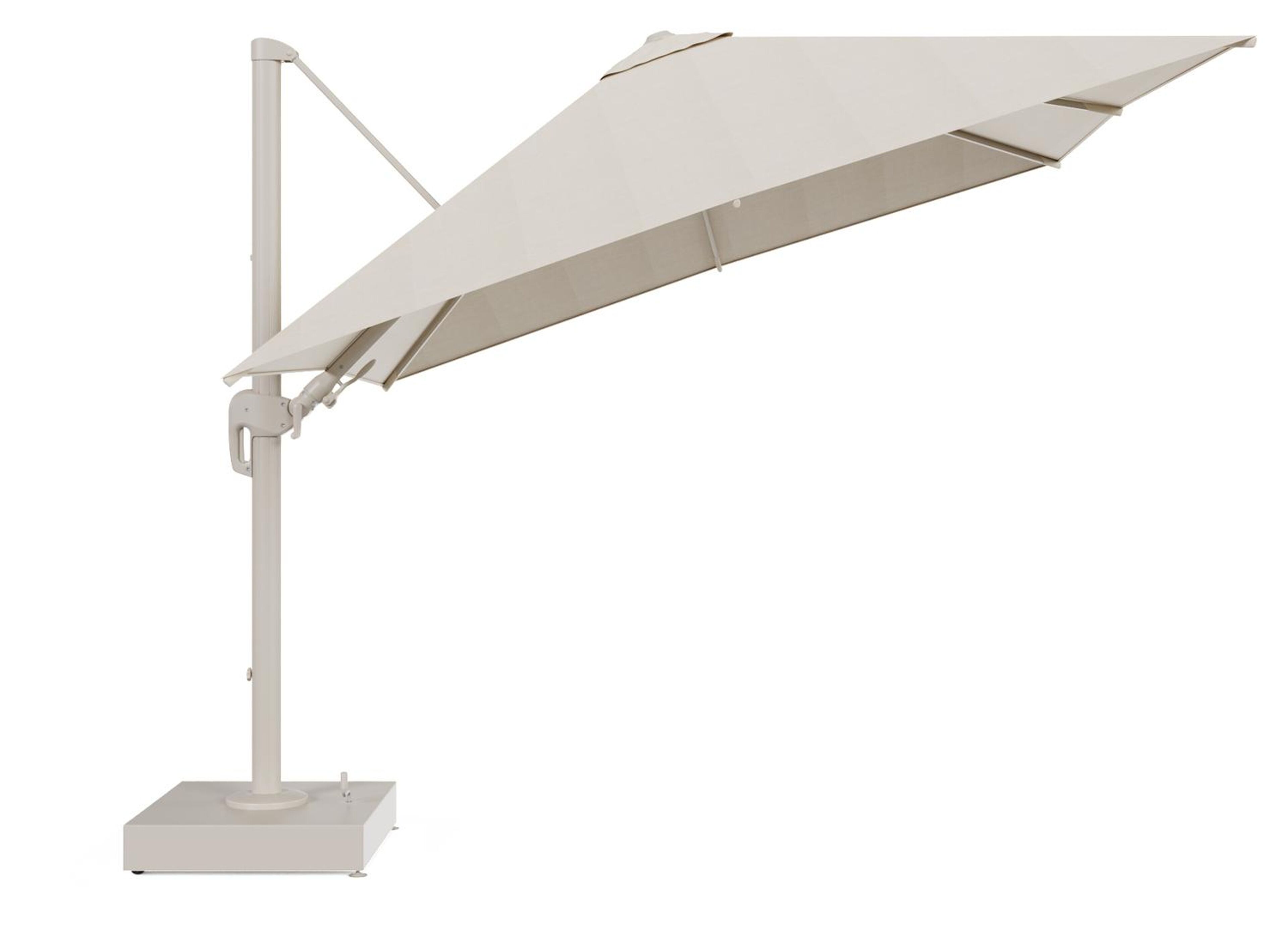 Rufina zweefparasol met tiltfunctie in beige aluminium en beige All Weather Sunbrella® Premium parasoldoek - L1 300 x L2 300 cm met parasolvoet Minore 150 kg met wielen