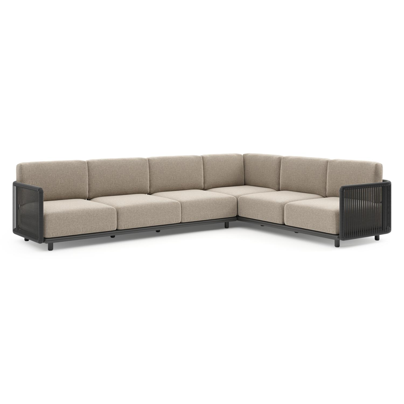 Organo loungehoek in zwart aluminium en zwart verticaal geweven luxe vlakke rope met chartres pewter all weather Sunbrella® luxe kussen