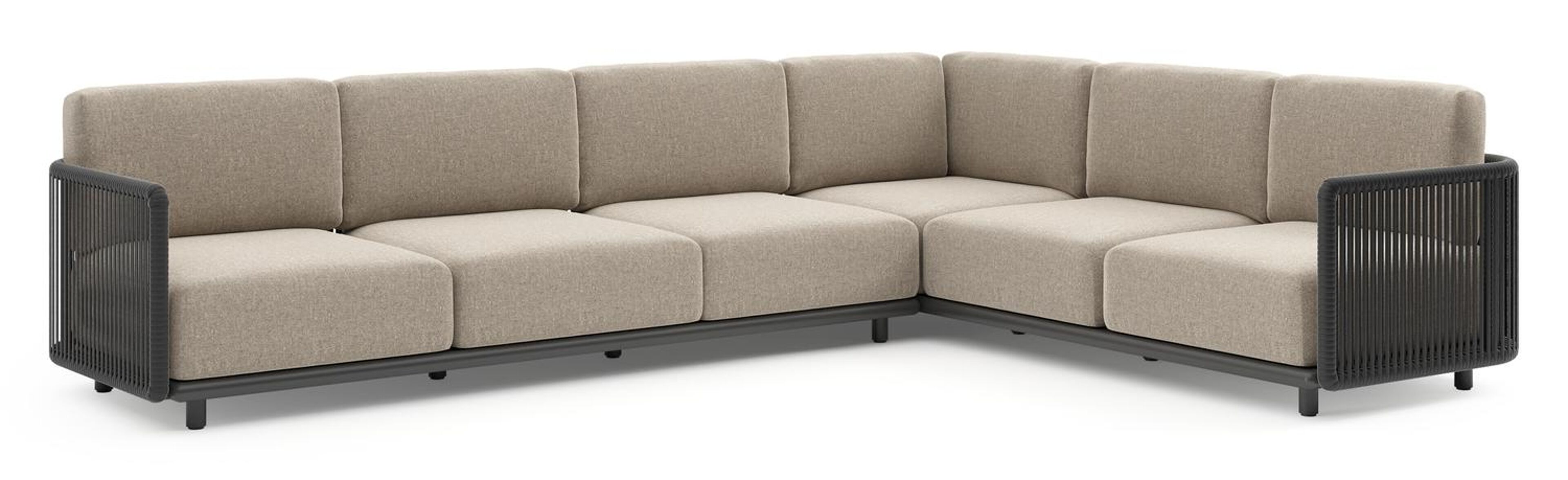 Organo loungehoek in zwart aluminium en zwart verticaal geweven luxe vlakke rope met chartres pewter all weather Sunbrella® luxe kussen