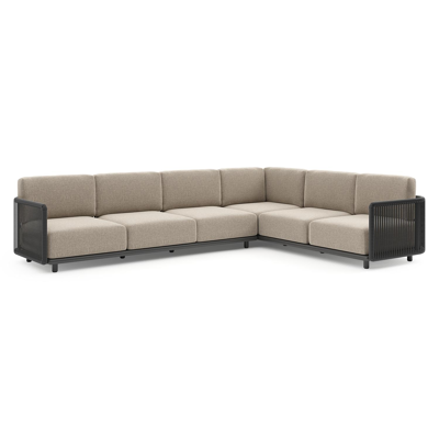 Salon de jardin d'angle Organo en aluminium noir et corde luxe plate tissée verticalement noir et coussin en all weather Sunbrella® luxe chartres pewter