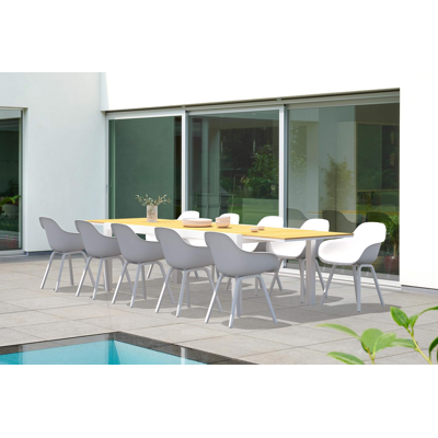 Calobra tuinset met verlengbare tafel in wit aluminium en naturel teak tafelblad met 10 Puglia tuinstoelen
