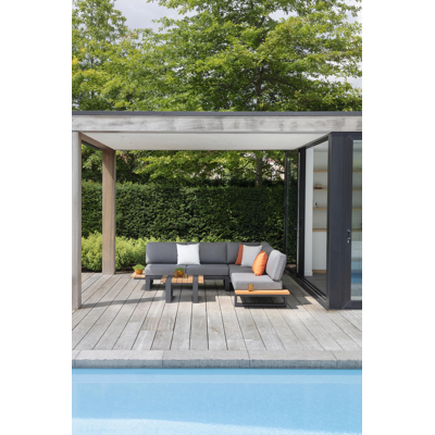 Salon de jardin d'angle Turino en aluminium noir et teck avec coussin en gris weather+ softtouch