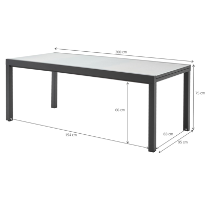 Oviedo tuinset met verlengbare tafel in zwart aluminium en grijs glas tafelblad met 8 stapelbare Oviedo tuinstoelen