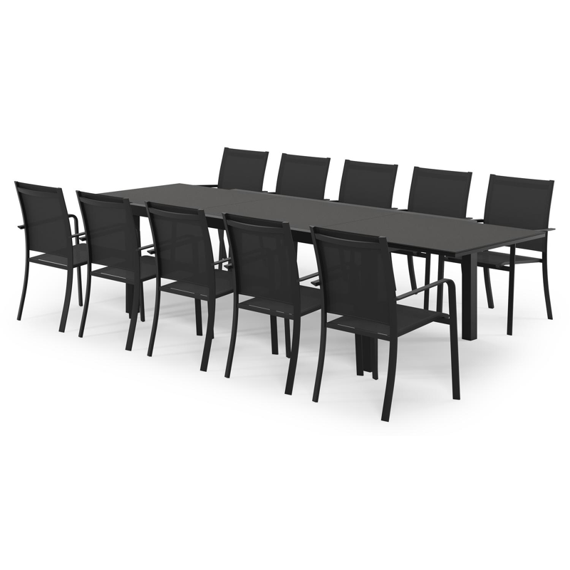 Calobra rechthoekige uitschuifbare tuinset in zwart aluminium en sintered stone notte minerale met 10 Calobra tuinstoelen